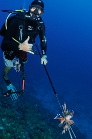 Pete Watkins has bagged a lionfish in Utila, Honduras